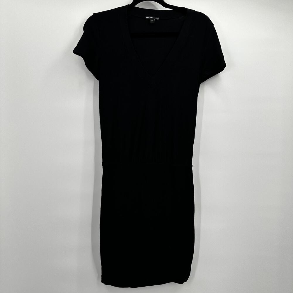 James Perse Dress Womens XS Black Short Sleeve V Neck Made USA Casual Minimalist